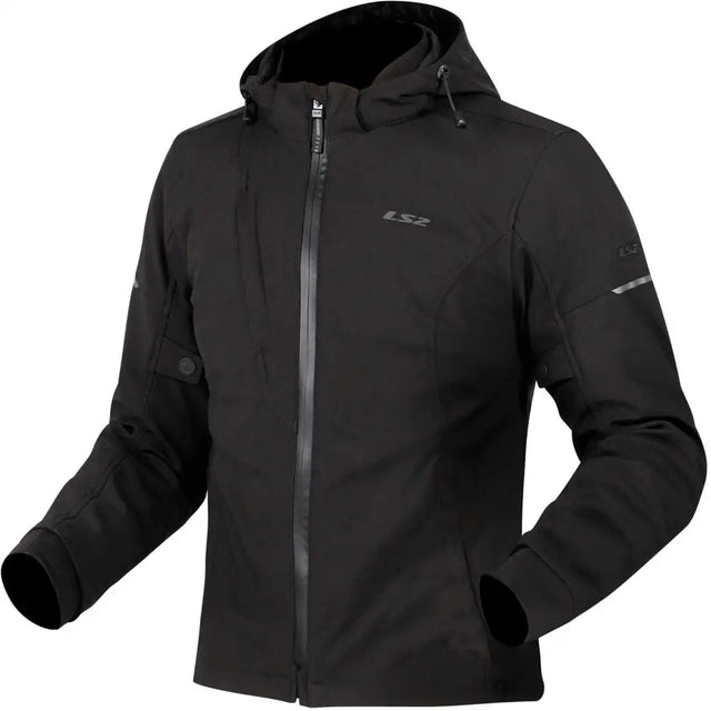 Sort ls2 bolton softshell mc-jakke dame med hette, hel glidelås og reflekterende striper på ermer