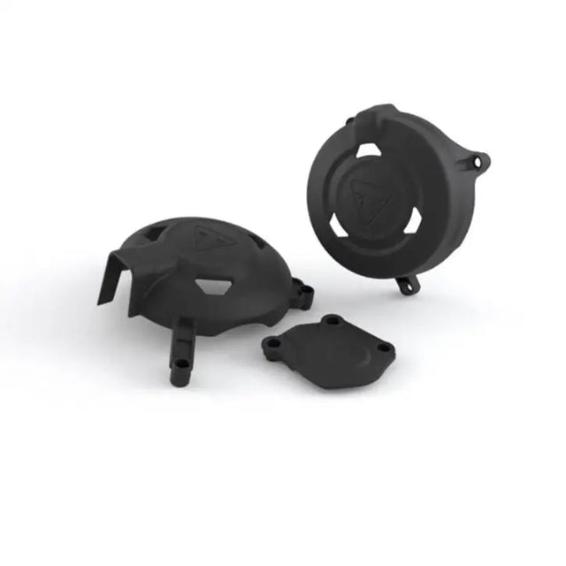 Black plastic engine protector kit with matte finish and embossed triangular logo for triumph trident 660