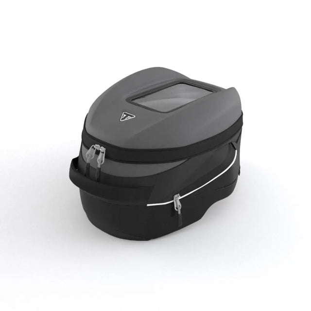 Black and gray original triumph quick-release tankveske with transparent lid window silver zippers and white stitching