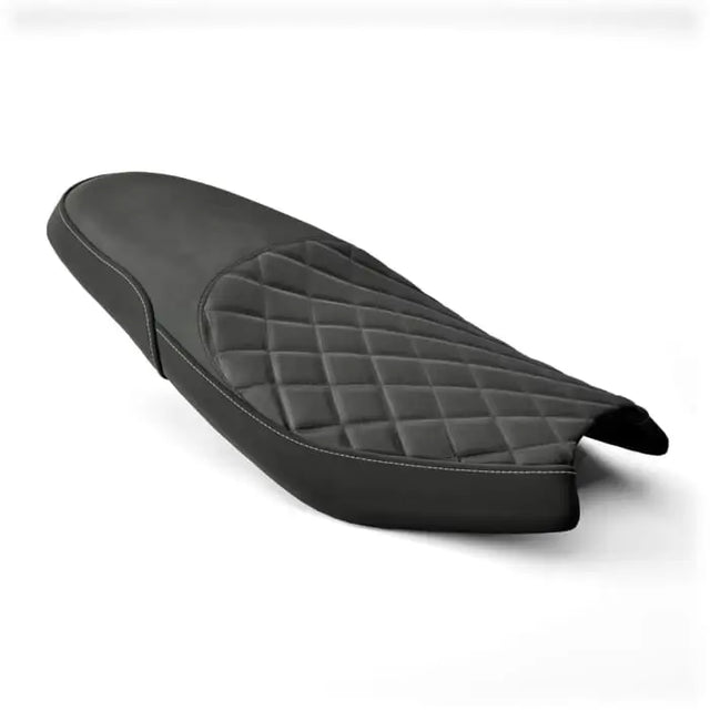 Black quilted leather triumph quiltet sete for thruxton 400 with stitched diamond pattern and contoured design