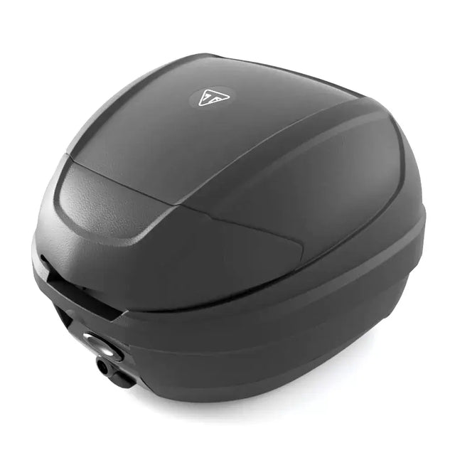 Black plastic triumph toppboks 30 l with aerodynamic design and triangular logo, suitable for speed twin and original triumph models