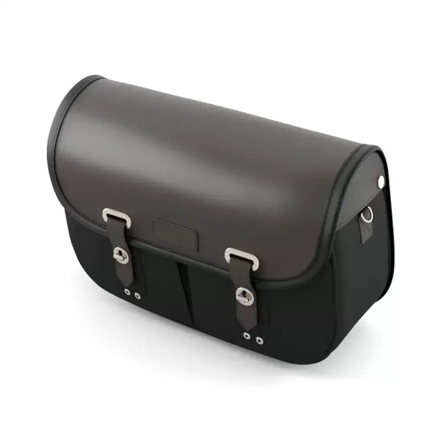 Black leather motorcycle saddlebag with silver buckles and stitched design for triumph waxed cotton bonneville t120