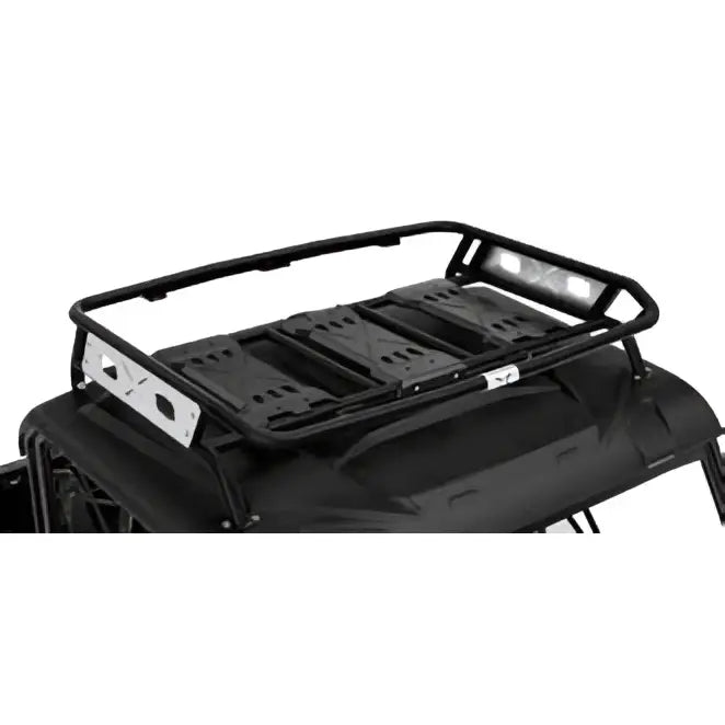 Sort metall can-am adventure takstativ med integrerte led-lys og modulære oppbevaringsrom til traxter g1