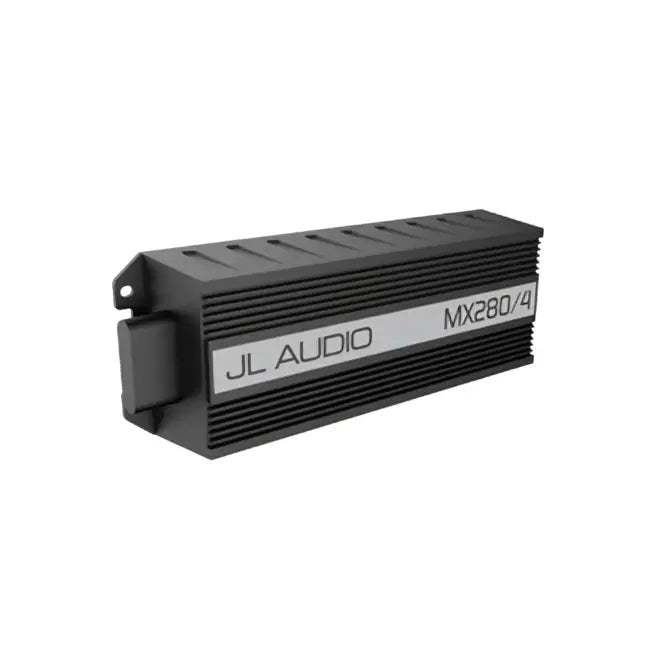Black jl audio mx280 4 forsterker med ribbet metallkasse og sølv branding for atv er og utv er bruk