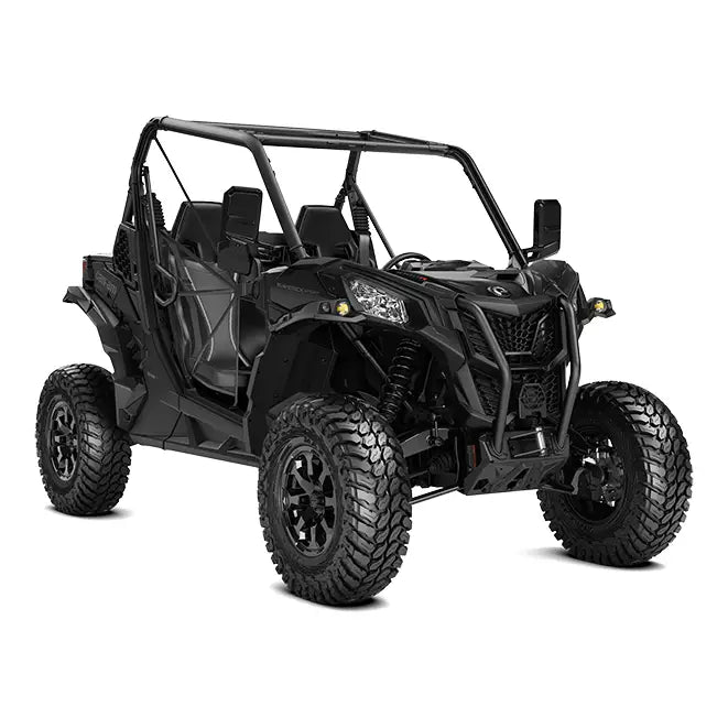Black can-am maverick sport 1000r dps with rugged off-road tires and protective roll cage in granite grey