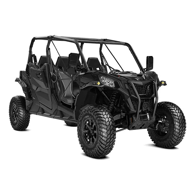 Black can-am maverick sport max 1000r utility vehicle in granite grey with rugged off-road tires and protective roll cage