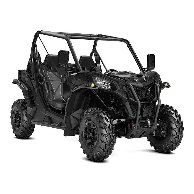 Black can-am maverick trail utility vehicle with rugged off-road tires and protective roll cage in granite grey
