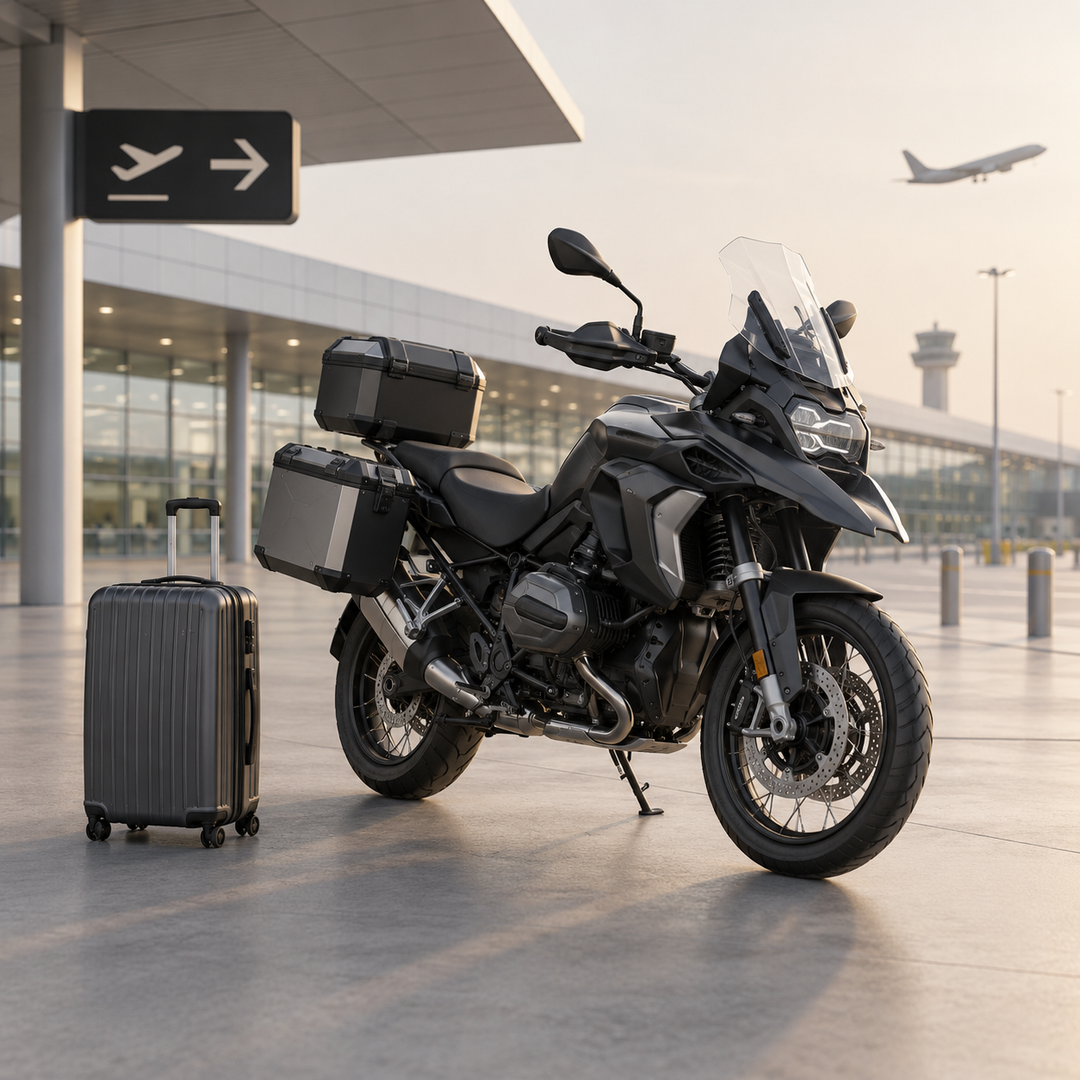 Generisk illustrasjon av motorsykkel og bagasje ved flyplass