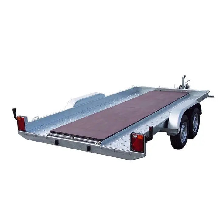 Silver aluminum utility trailer with brown rubber mat and red taillights featuring gaupen hel finerplate gulv 18 mm