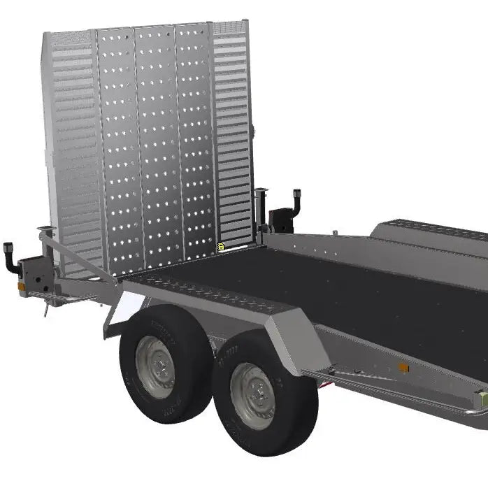 Sølv aluminium påbygg kjørebru m3535 med perforert sidepanel og sorte gummidekk for allsidig transportbruk
