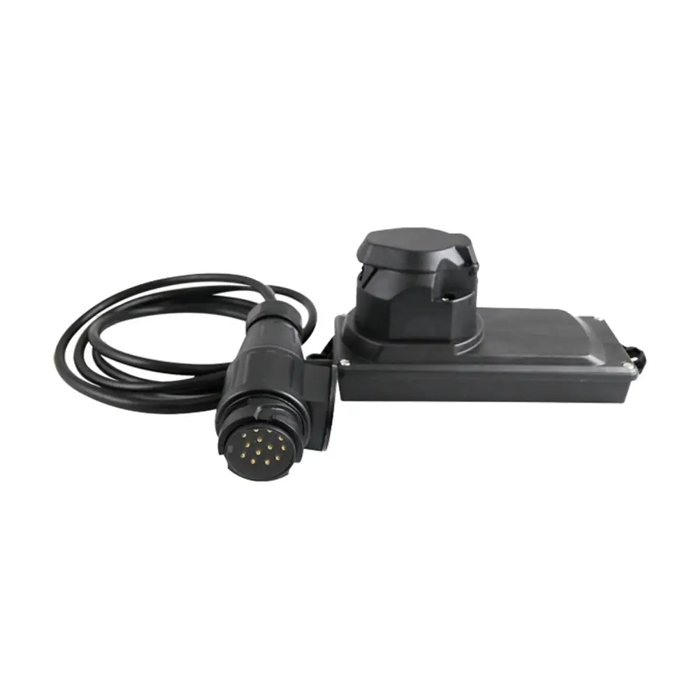 Black plastic trailer hitch receiver with coiled cable and multi-pin connector for gaupen led smart motstander 13439