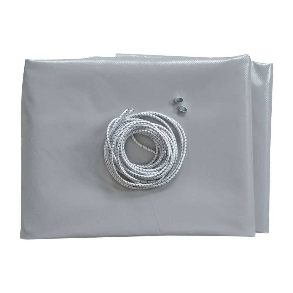 Gray textured gaupen presenning pro tarp with coiled white elastic rope and two metal rings for kontakt leks motor