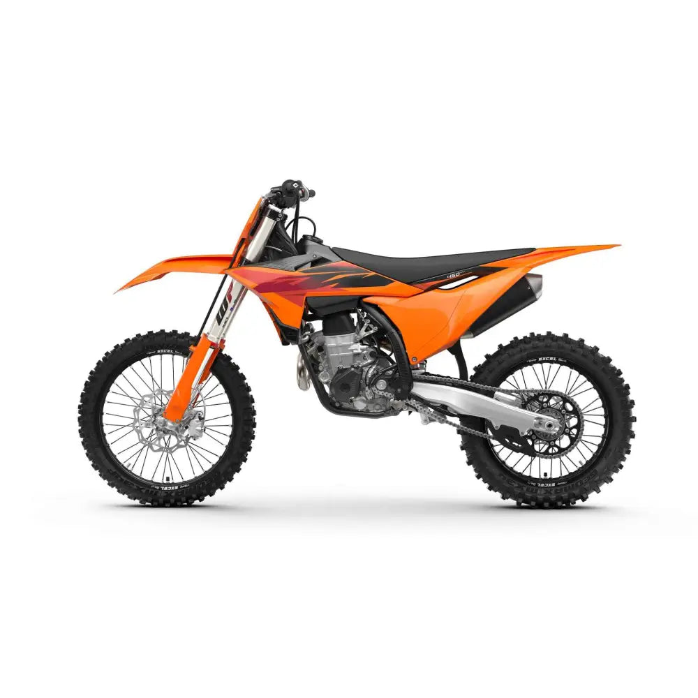 Orange ktm 450 sx-f 2027 dirt bike with black red flame decals featuring launch control and traction control for atv-er og utv-er