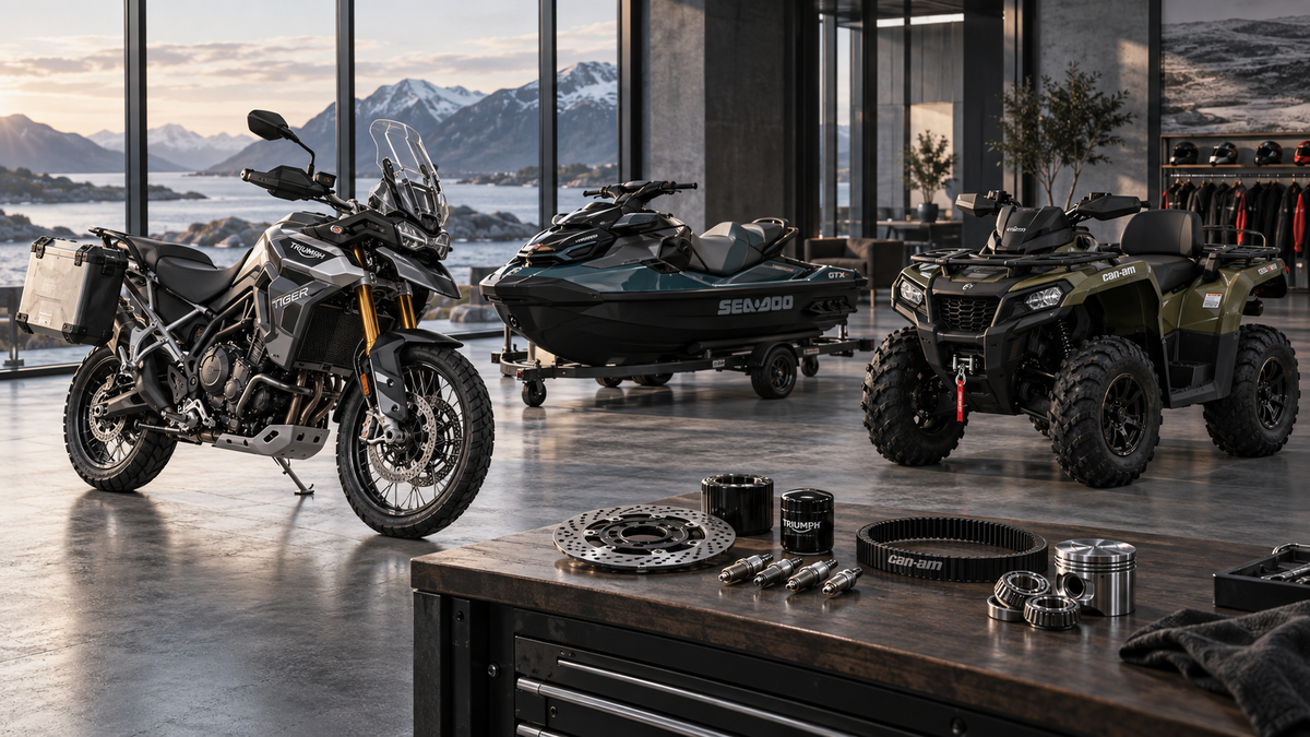 Illustrasjon med Triumph, Sea-Doo, Can-Am og reservedeler