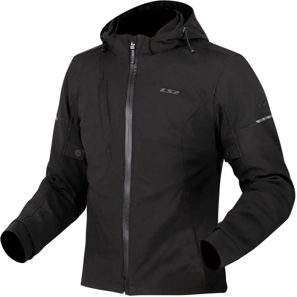 Sort ls2 bolton softshell mc-jakke dame med hette, hel glidelås og reflekterende striper på ermer