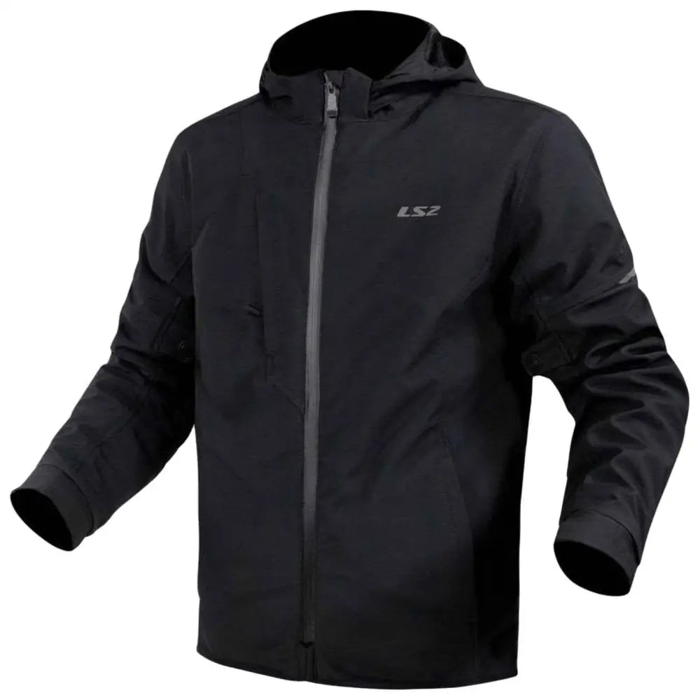 Sort ls2 bolton softshell mc-jakke med 3-lags softshell, avtakbart termisk fôr, full glidelås og hette