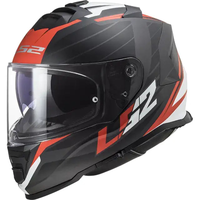 Ls2 ff800 storm motorcycle helmet in black and orange with white accents and clear visor for enhanced safety