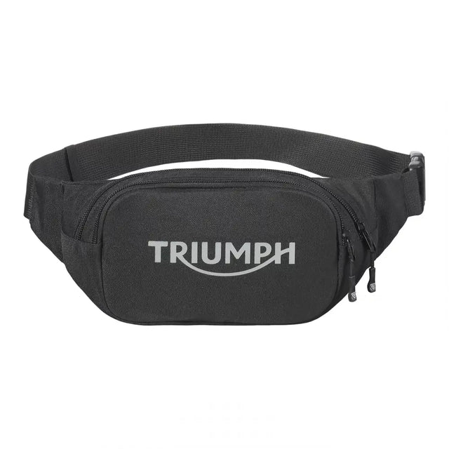 Black triumph 5l event crossbody bag with sleek durable fabric and silver logo prominently displayed on front