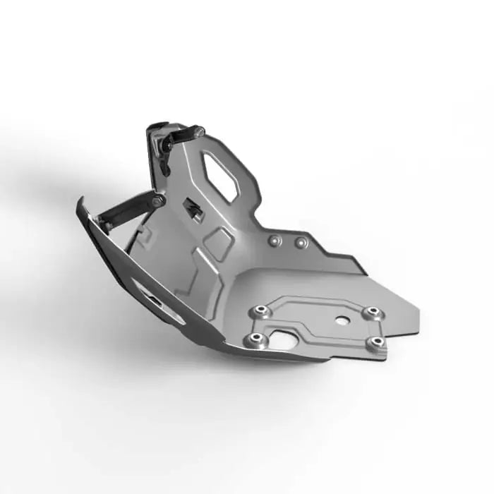 Silver metallic triumph aluminiumsbunnplate motorcycle engine guard with angular cutouts for tiger 1200 gt explorer