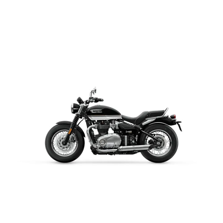Black triumph bonneville speedmaster 2026 motorcycle with chrome engine and exhaust in classic cruiser design