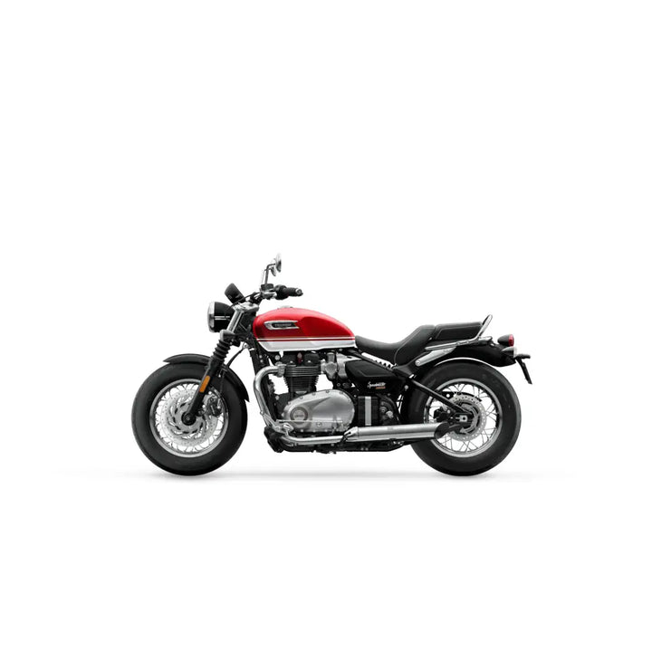 Rød og sølv triumph bonneville speedmaster 2026 motorsykkel med krom detaljer og klassisk design