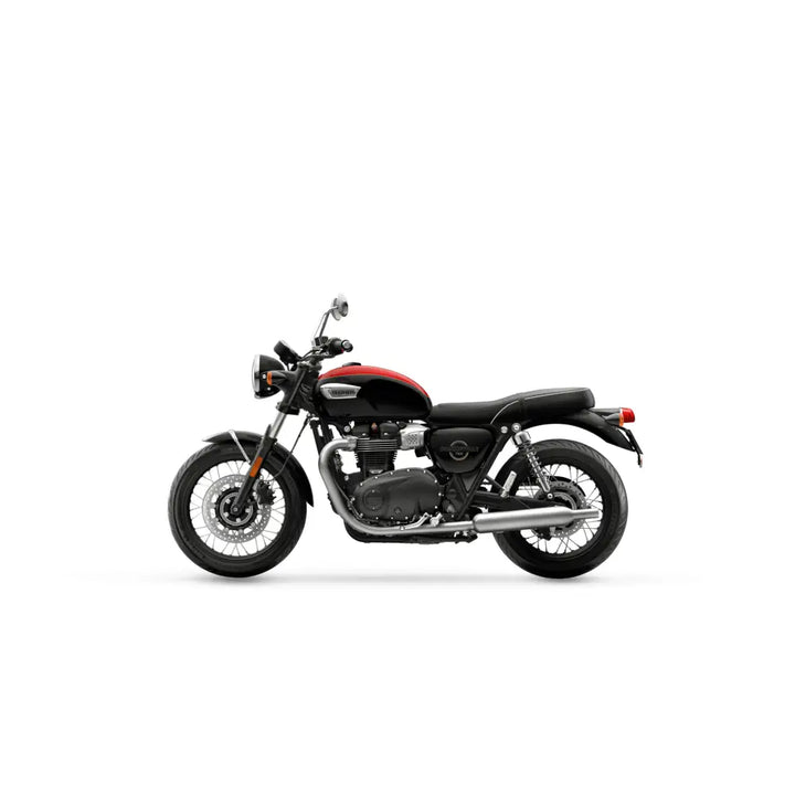 Svart og rød triumph bonneville t100 2026 med chrome aksenter og moderne ytelse inspirert av autentiske originalen