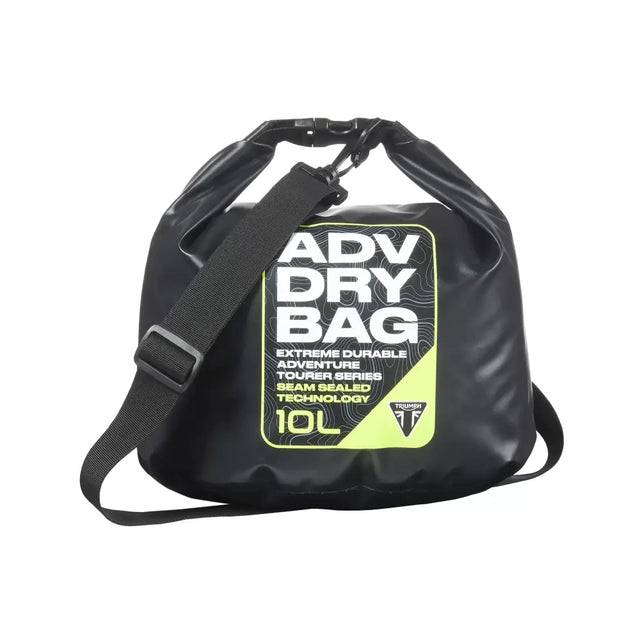 Black triumph dry bag 10 l with neon yellow and white branding, waterproof material, sealed top, and shoulder strap for outdoor use