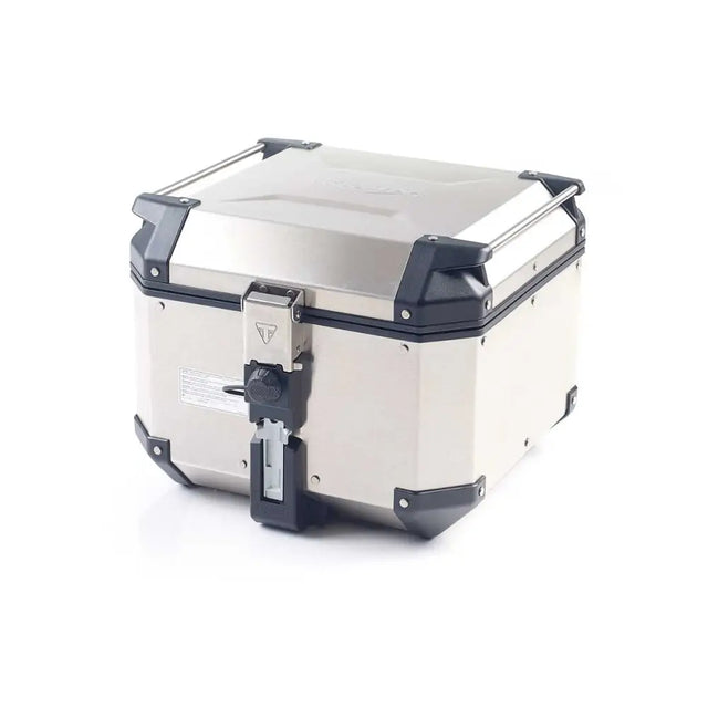 Sturdy silver and black triumph expedition toppboks 42 l with reinforced corners and secure locking mechanism shown from back side