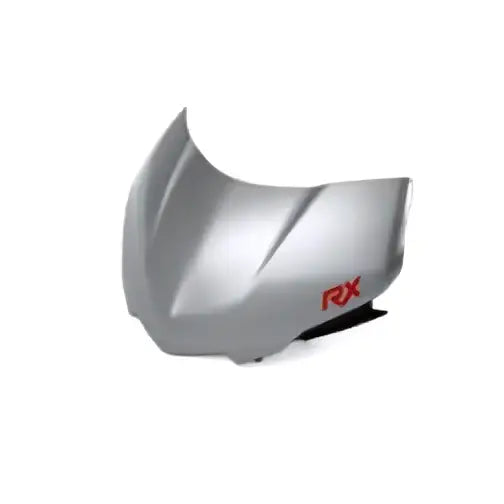 Silver metallic hood ornament with red rx logo on triumph flyscreen for street triple 765 rx tilhenger