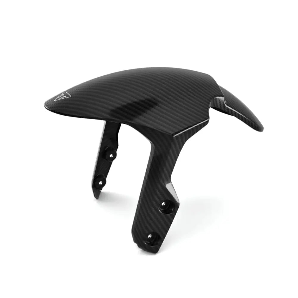 Triumph forskjerm i svart karbonfiber med aerodynamisk design og integrerte festebraketter for motorsykkel