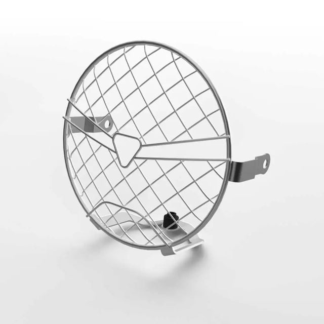 Silver wire mesh circular rack with triangular support and side brackets for triumph frontlyktgrill til motorsykkel
