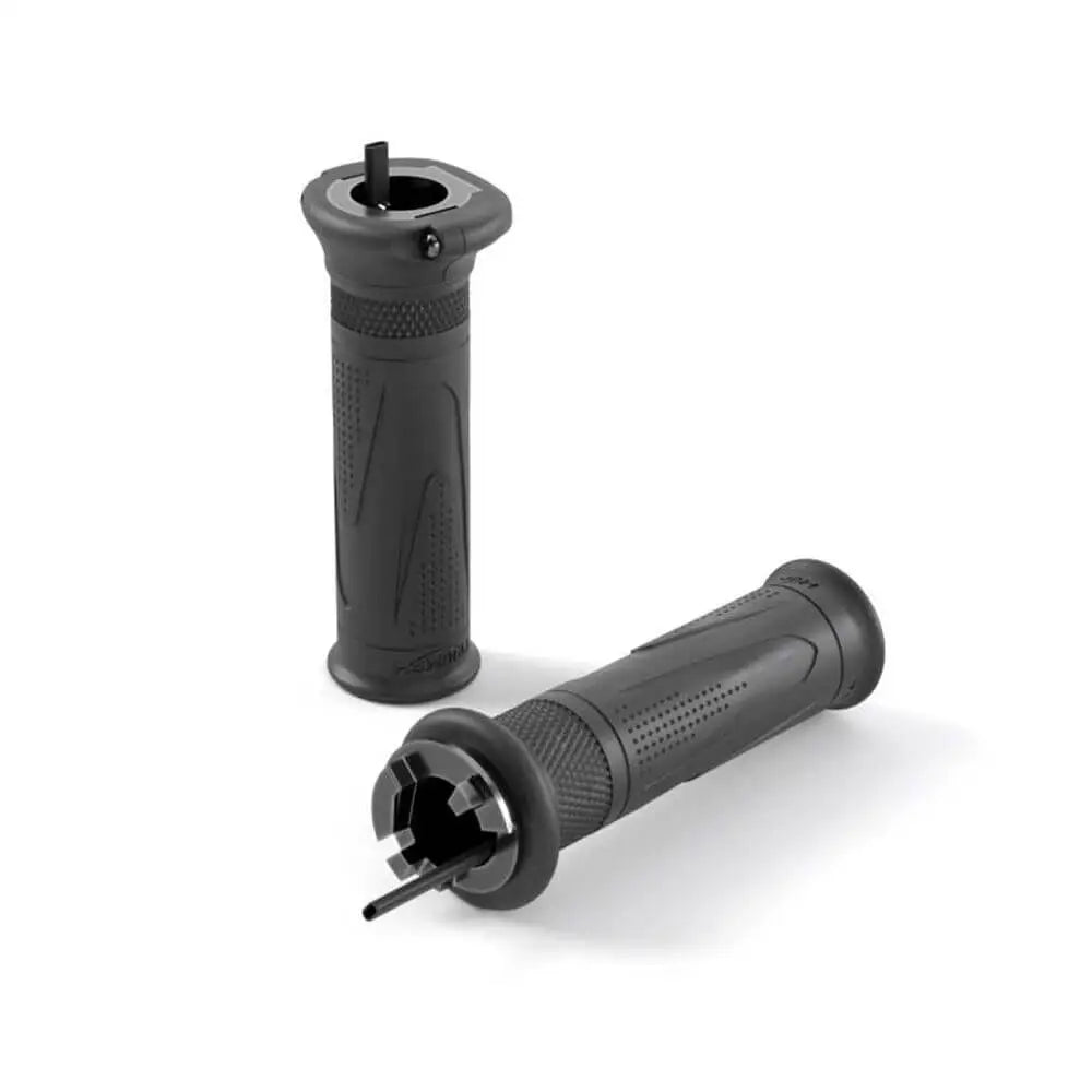 Black rubber triumph heated grips with textured ergonomic design and central mounting hole for speed triple 1200 rr