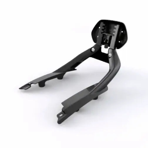 Black metal triumph justerbar passasjerrygg with sturdy curved design and mounting brackets shown from the back side