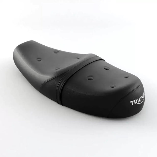 Black leather triumph king and queen sete with stitched seams and embossed triumph logo on the side