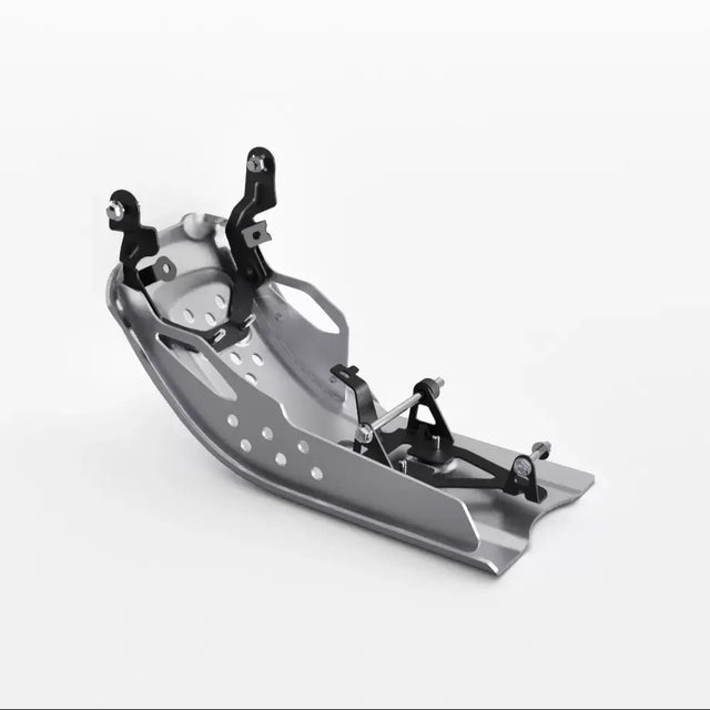 Gray metallic triumph motorvernplate footpeg guard with black brackets and circular cutouts for atv-er og utv-er tilhenger