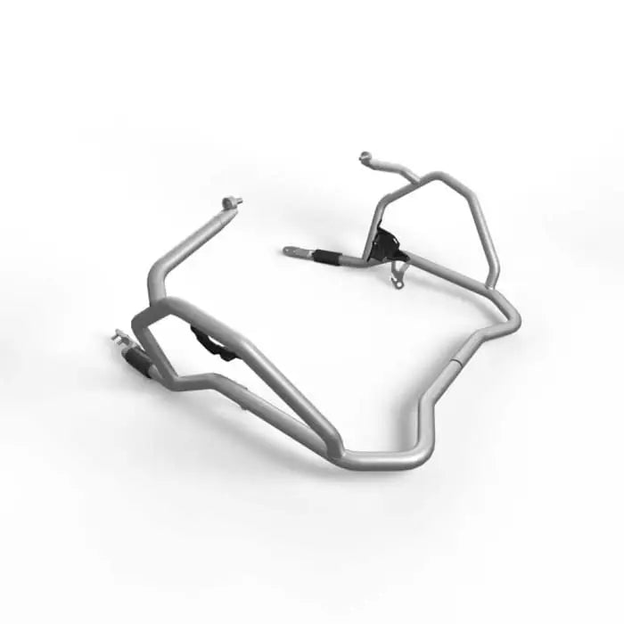 Silverfarget metallbeskyttelsesbøyle til triumph tiger 1200 gt explorer med svarte gummibraketter for atv-er og utv-er