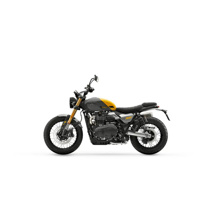 Triumph Scrambler 900 2026 matte black and yellow with gold front forks and chrome accents featuring metzeler tourance tires
