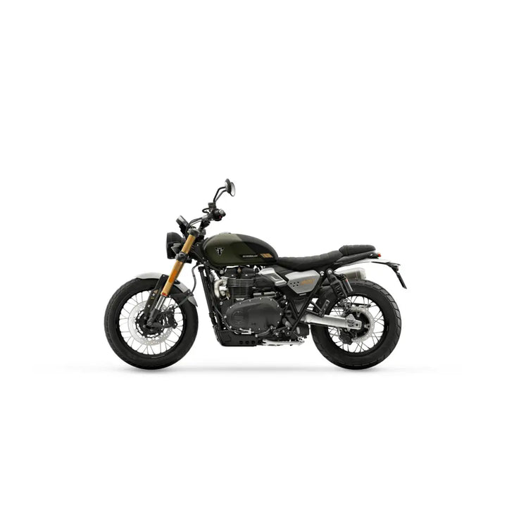Olive green triumph scrambler 900 2026 with black seat and silver accents featuring metzeler tourance tires and 270-graders tenning