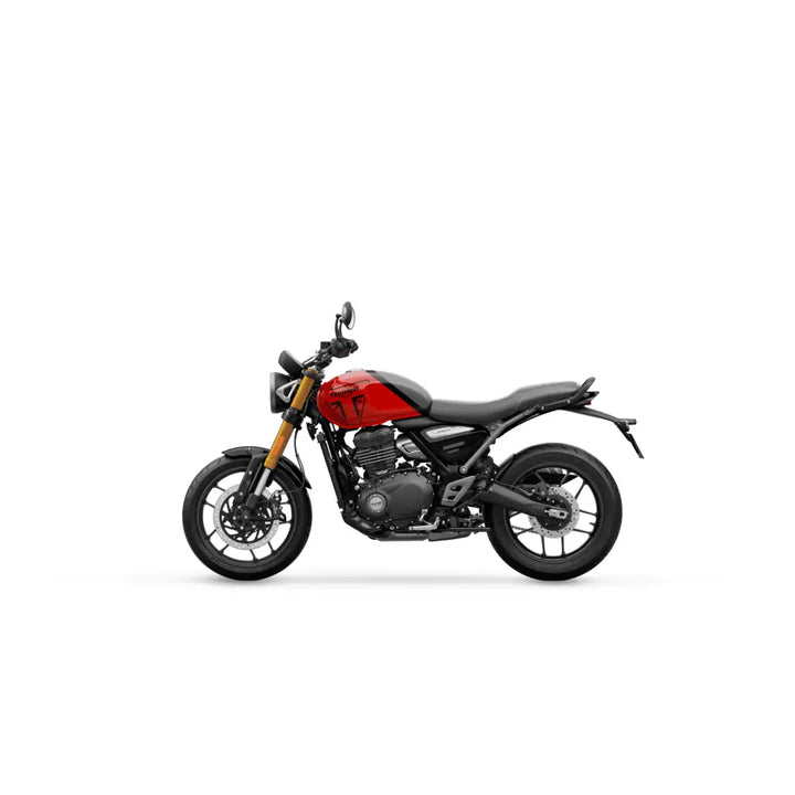 Rød og svart triumph speed 400 2027 motorsykkel med matt finish og gullfargede forgafler med traction control