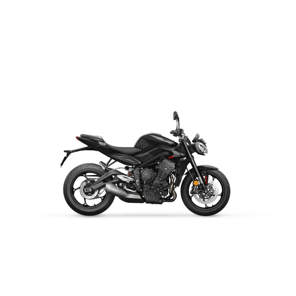Triumph street triple 765 r a2 2026 black with sleek modern design and chrome accents motorcycle front view