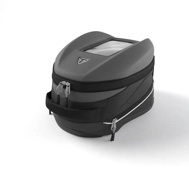 Svart triumph tank bag med transparent vindu og sølv glidelåser utvidbar bag 10l til speed triple 1200