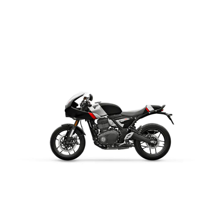 Black and silver triumph thruxton 400 2026 with red accents featuring pirelli diablo rosso tires and klassisk café racer design
