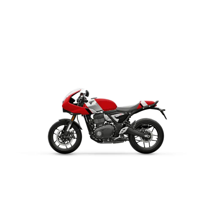Rød og sølv triumph thruxton 400 2026 med klassisk café racer-design og pirelli diablo rosso dekk