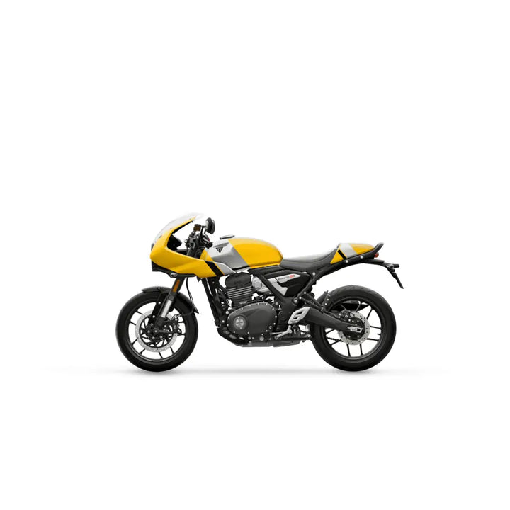 Yellow and black triumph thruxton 400 2026 with sleek klassisk café racer-design and pirelli diablo rosso tires