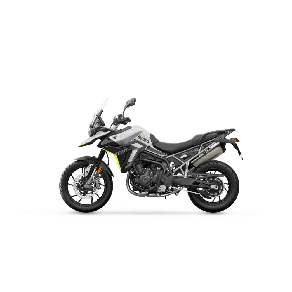 Triumph tiger 900 gt 2026 eventyrmc i sølv og svart med gule detaljer egnet for tilhenger og atv-er og utv-er