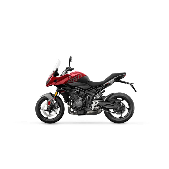 Rød og svart 2024 triumph tiger sport 660 med tresylindret rekkemotor og triumph connectivity i moderne design
