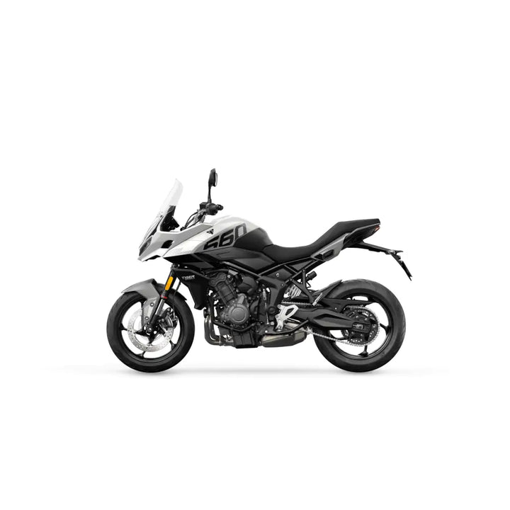Triumph tiger sport 660 2025 med hvit og svart tresylindret rekkemotor og moderne triumph connectivity design
