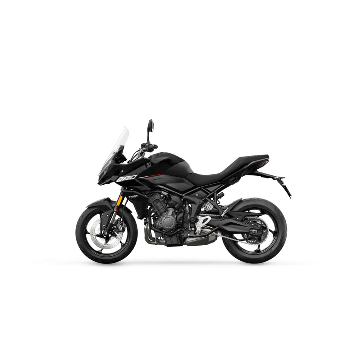 Svart triumph tiger sport 660 med tresylindret rekkemotor og moderne touringdesign med triumph connectivity