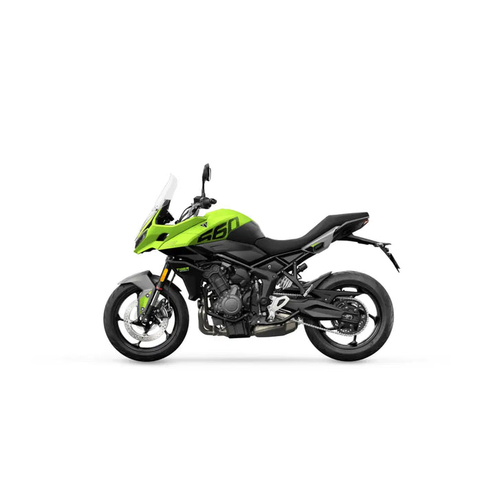 Vibrant lime green and black kawasaki ninja 650 motorcycle compared to triumph tiger sport 660 with tresylindret rekkemotor and triumph connectivity
